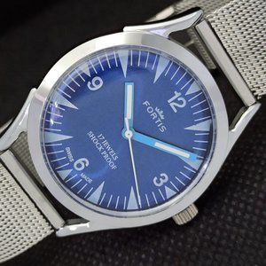 Vintage 1969 Fortis Manual Mens Silver Watch W/Silver Strap & Blue accents